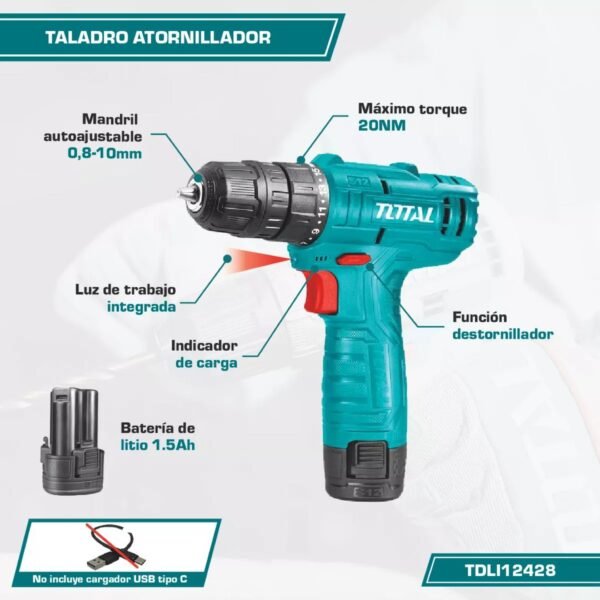 Taladro Atornillador Inalámbrico Incluye Batería 12v Con Ficha De Cargador Tipo C Novedad 750 Rpm Total Calidad Excepcional - Image 2