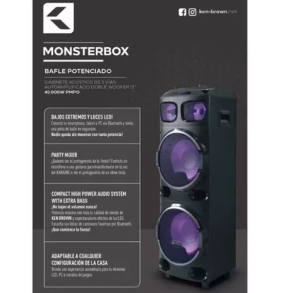 Parlante Bafle Potenciado Ken Brown Monsterbox 3 Vias Woofer Color Negro - Image 3