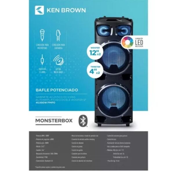 Parlante Bafle Potenciado Ken Brown Monsterbox 3 Vias Woofer Color Negro - Image 4