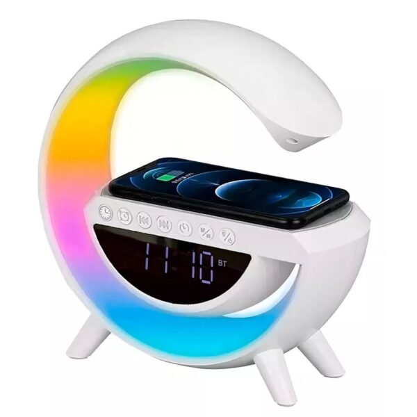 Reloj Velador Luz Led Cargador Celular Parlante Bluetooth Estructura Blanco Pantalla Negro