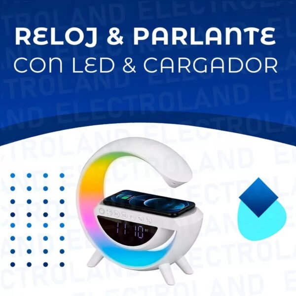 Reloj Velador Luz Led Cargador Celular Parlante Bluetooth Estructura Blanco Pantalla Negro - Image 2